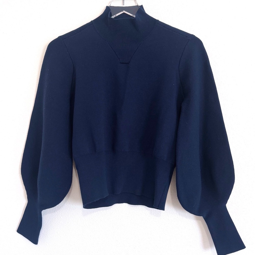 Just. Navy Blue Balloon Sleeve Mock Neck Sweater –‎ Cinched Waist Knit Top